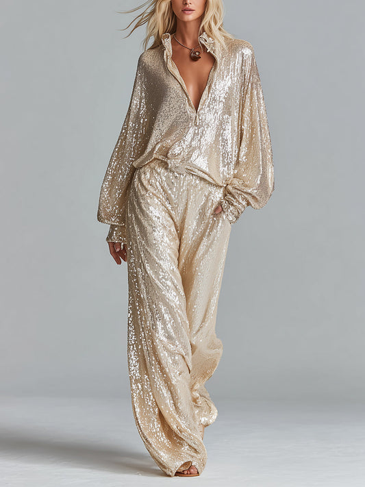 Women's Gold Glamorous Sequin Collared Half - Zip Wide - Leg Loungewear Party Set MDA2425I0I