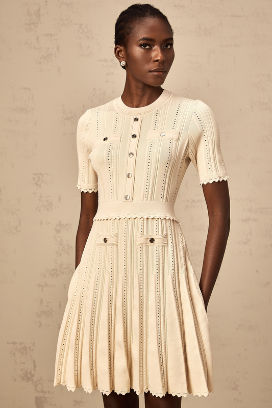 Amélie neutrals pointelle-trim pleated knit mini dress (US Only)