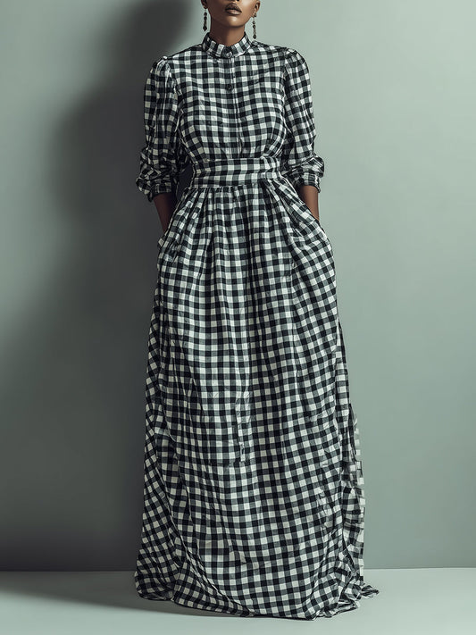 Women's Black - White Classic Cotton Gingham Button - Up Belted Maxi Dress MDA1614J3I