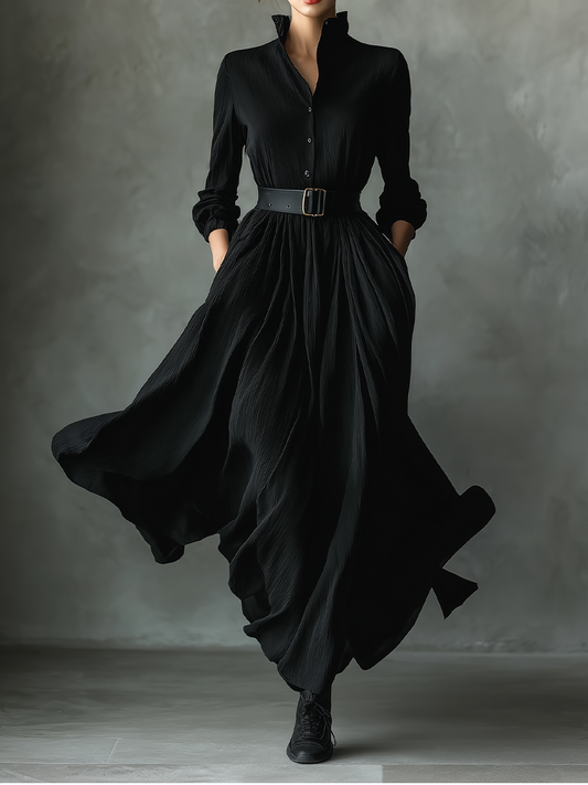 Women's Black Blend Textured Pleated Vintage Maxi Dress MDA0859H8T