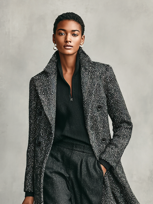Women's Minimalist Herringbone Wool Blend Double-breasted Long Coat MDA1875I1Y