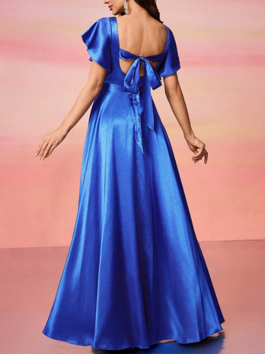 Women's Satin Square Neck Short Sleeve Open Back Slit Hem Maxi Dress MDA1993F9Y