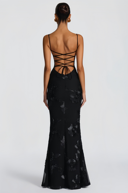 Théoline Black Floral Jacquard Corset Maxi Dress