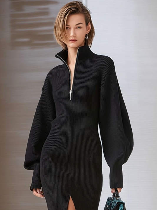 Women's Minimalist Zipper Neck Slit Hem Knitted Midi Dress MDA1161J8Y