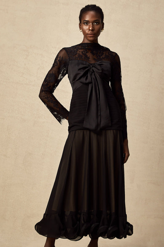 Amélie black floral-lace panelled midi dress (US Only)