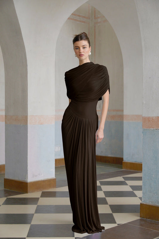 Catherine asymmetrical pleated maxi dress in Brown