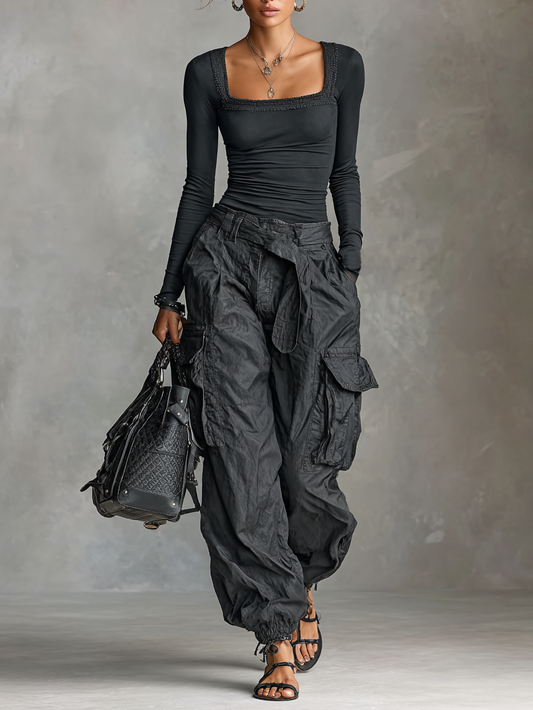 Women's Square Neck Long Sleeve T-Shirt Multi-Pocket Cargo Pants Two-Piece Set MDA2588G0Y