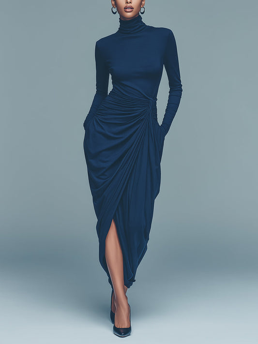 Women's Navy Elegant Jersey Turtleneck Draped Side - Slit Midi Dress MDA1639J2I