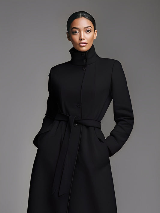 Women's Black Elegant Wool - Blend Stand - Collar Belted Maxi Coat MDA1064J6I