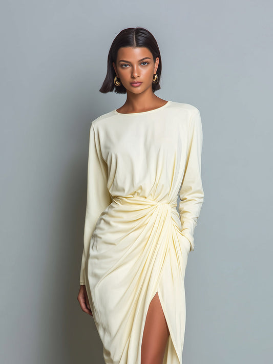 Women's Cream Chic Crepe Draped Side - Slit Midi Dress MDA1579J8I