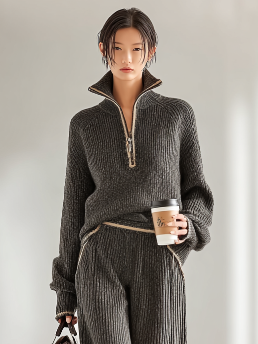 Women's Minimalist Loose Knit Zipper Half Turtleneck Sweater Wide-Leg Pants Set MDA2528I8Y