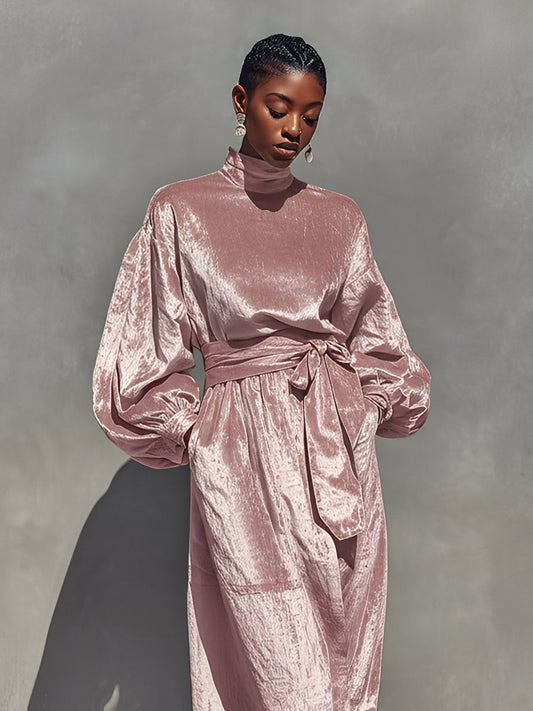 Women's Pink Elegant Velvet Lantern - Sleeve Belted Maxi Dress MDA1422J1I