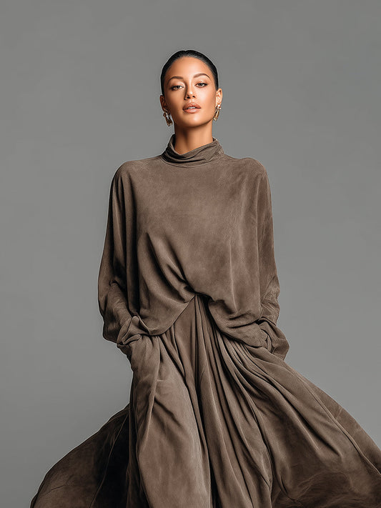 Women's Taupe Elegant Suede - Like Draped Turtleneck Skirt Set MDA1555J4I