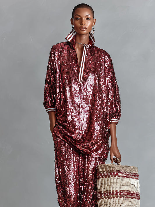 Women's Burgundy Glamorous Sequin Striped - Trimmed Oversized Loungewear Set MDA3059I3I