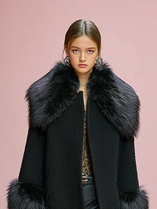 Women's Wool Blend Cuffs And Lapel Stitching With Detachable Plush Decoration Coat MDA1029J2Y