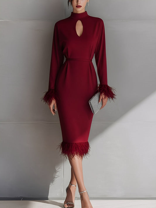 Women's Burgundy Glamorous Crepe Keyhole - Neck Feather - Trimmed Midi Dress MDA1444J3I