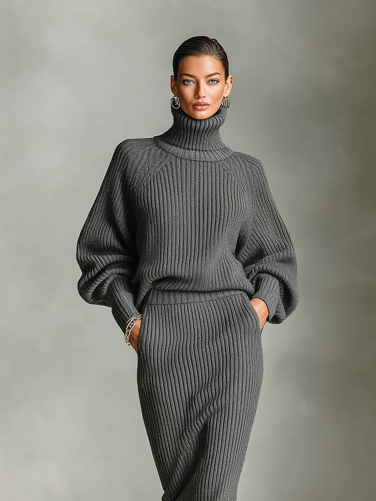 Women's Grey Elegant Ribbed Knit Turtleneck Balloon - Sleeve Midi Sweater Set MDA2899I6I