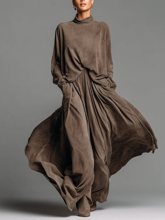 Women's Taupe Elegant Suede - Like Draped Turtleneck Skirt Set MDA1555J4I