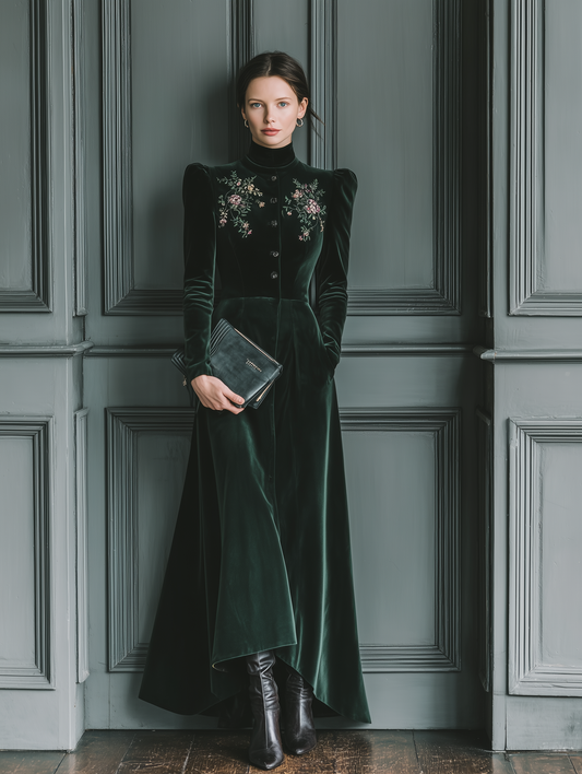 Women's Dark Green Velvet High-neck Embroidered Maxi Dress MDA1667J7T