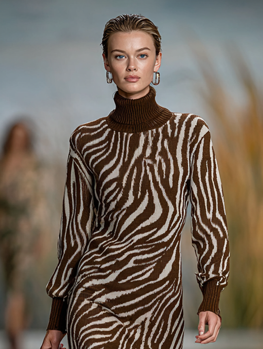 Women's Zebra Print Jacquard Knit High Collar Midi Dress MDA1483J0Y