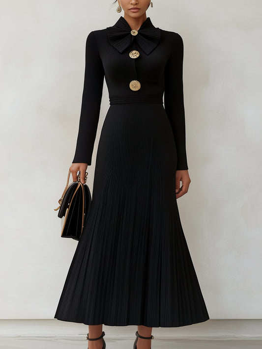 Women's Elegant Retro Bowknot Neckline Gold Buttons Black Knitted Dress MDA0203H8I