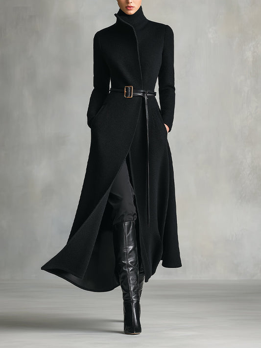 Women's Black Elegant Wool - Blend Turtleneck Belted Maxi Coat (without belt) MDA2807H5I