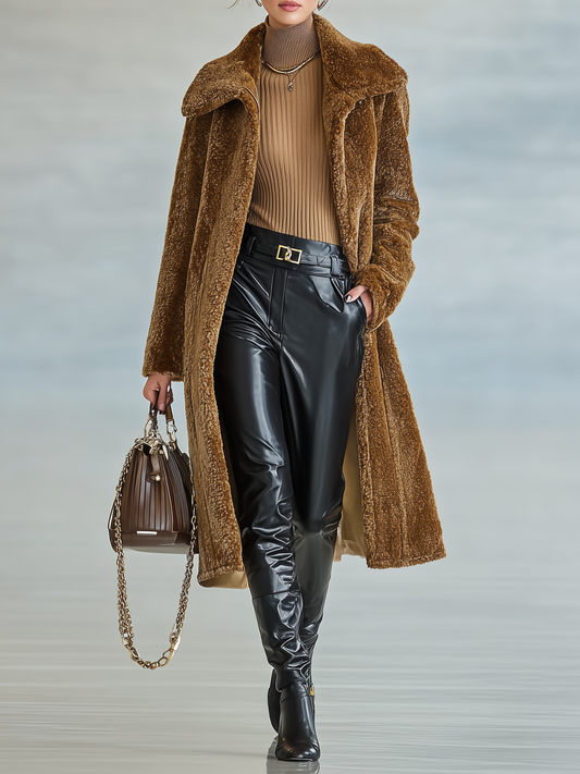 Women's Plush Blend Lapel Buttonless Mid-Length Coat MDA1075J2Y