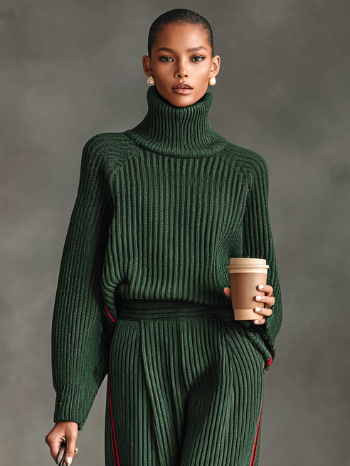 Women's Loose Red Trimmed Turtleneck Sweater Straight Pants Knitted Set MDA2420I4Y