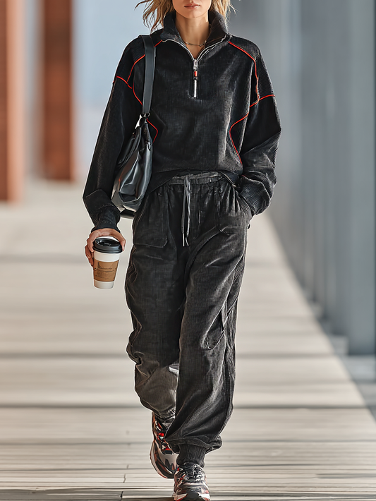 Women's Loose Corduroy Red Trim Zipper Lapel Sweatshirt And Sweatpants Set MDA2800I0Y