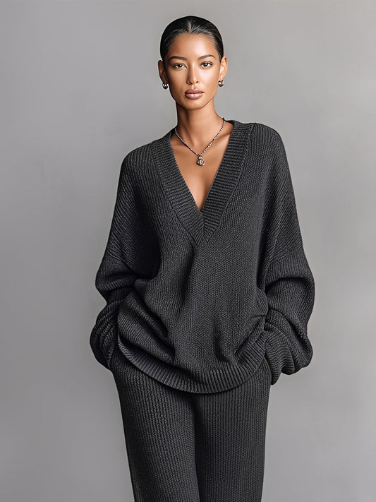 Women's Black Chic Knit V - Neck Oversized Loungewear Set MDA1450J6I