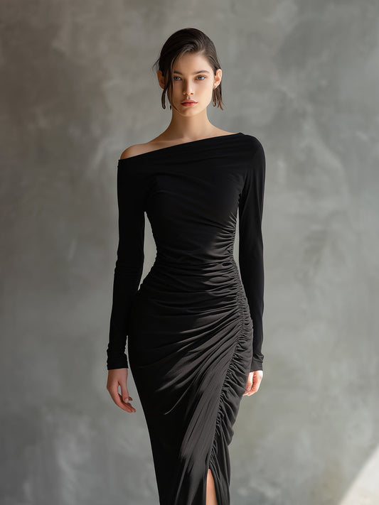 Women's Black Elegant Jersey Off - Shoulder Ruched Slit Maxi Dress MDA2125H9I