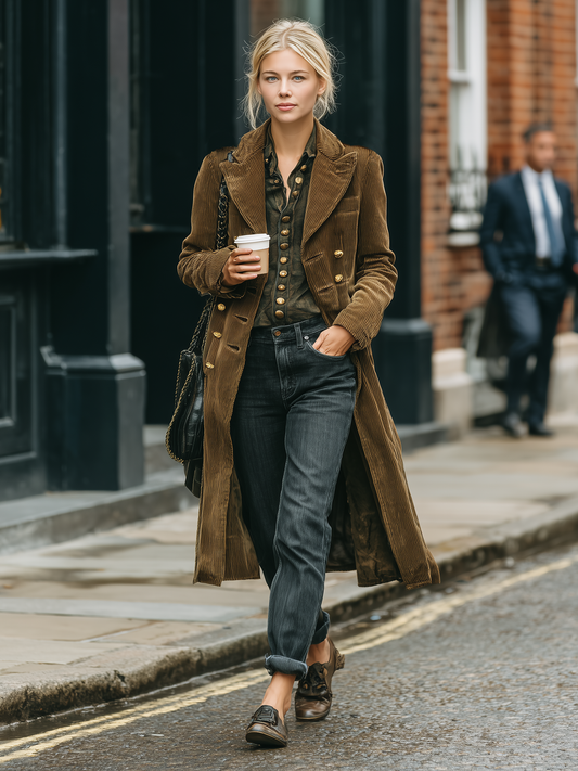 Women's Minimalist Corduroy Double-breasted Peak Collar Mid-length Trench Coat MDA2809I0Y