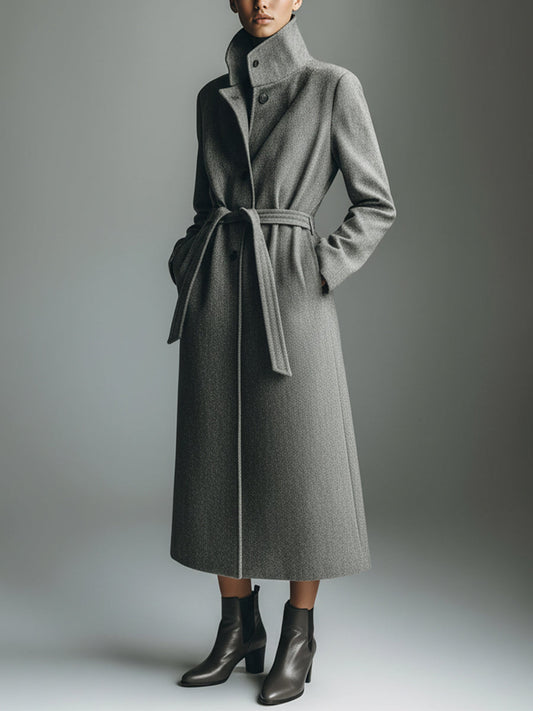 Women's Grey Modern Wool Blend Overcoat With Belted Waist MDA1531J3I