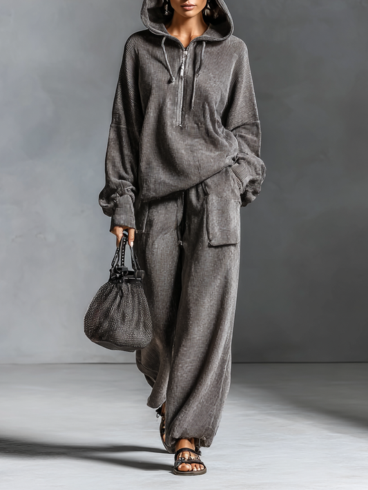 Women's Casual Corduroy Hooded Sweatshirt Straight Pants Set MDA1964H5Y