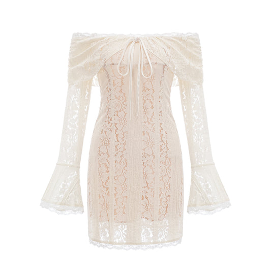 Émeline floral lace flared-cuff mini dress in Neutrals (US Only)