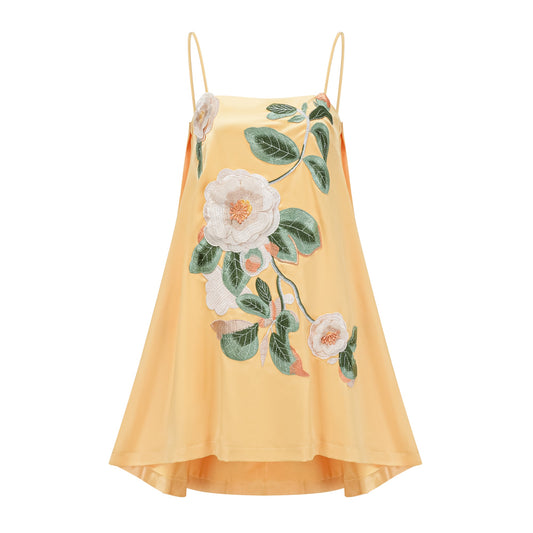 Avril Yellow Floral Embroidered Mini Dress (US Only)