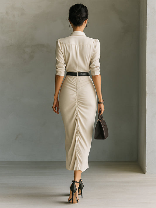 Women's Solid Color Lapel Single-breasted Mid-length Sleeve Belt Maxi Dress MDA0816G7Y