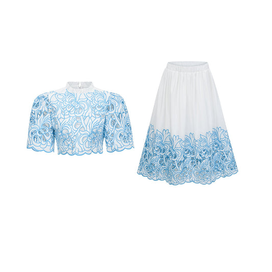 Aurore blue cut-out embroidered top & skirt matching set (US Only)