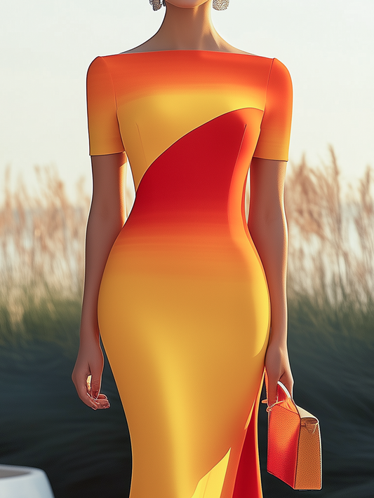 Women's Stylish Elegant Orange-Yellow Gradient Color Short Sleeves Dress MDA0202H8I