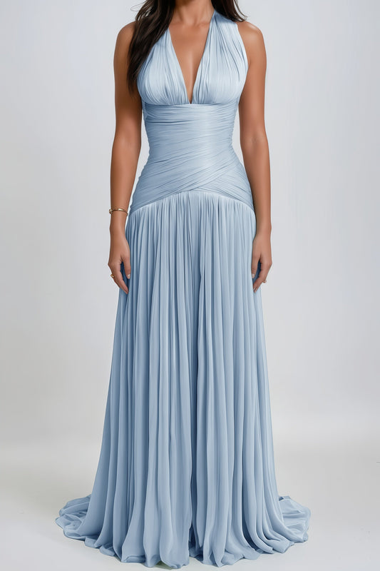 Uranie Blue Gathered Halterneck Maxi Dress with Boned Bodice and Train Design