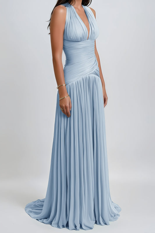 Uranie Blue Gathered Halterneck Maxi Dress with Boned Bodice and Train Design