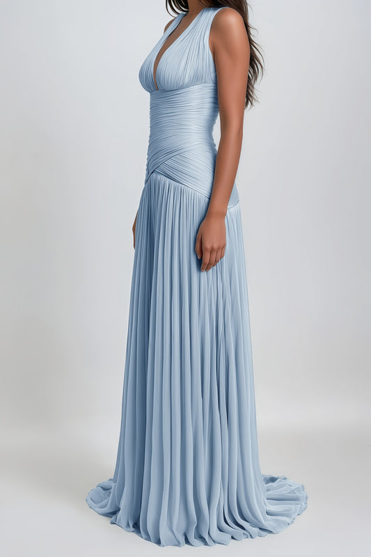 Uranie Blue Gathered Halterneck Maxi Dress with Boned Bodice and Train Design