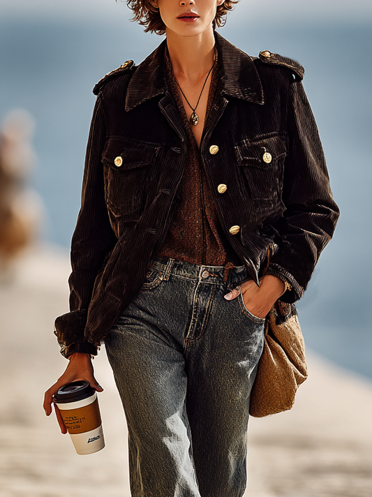 Women's Minimalist Loose Corduroy Single-Breasted Epaulette Jacket MDA2858I2Y