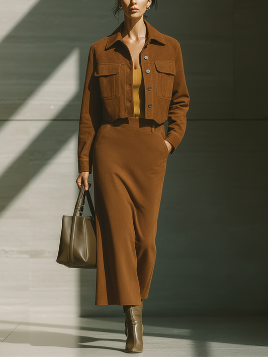 Women's Caramel Faux Suede Cropped Jacket And High-Waisted Skirt Set MDA1649J2T