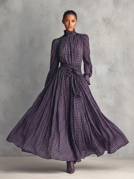 Women's Plaid Blended Half-high Collar Long-sleeved Blouse And Long Skirt Set MDA1676J3Y