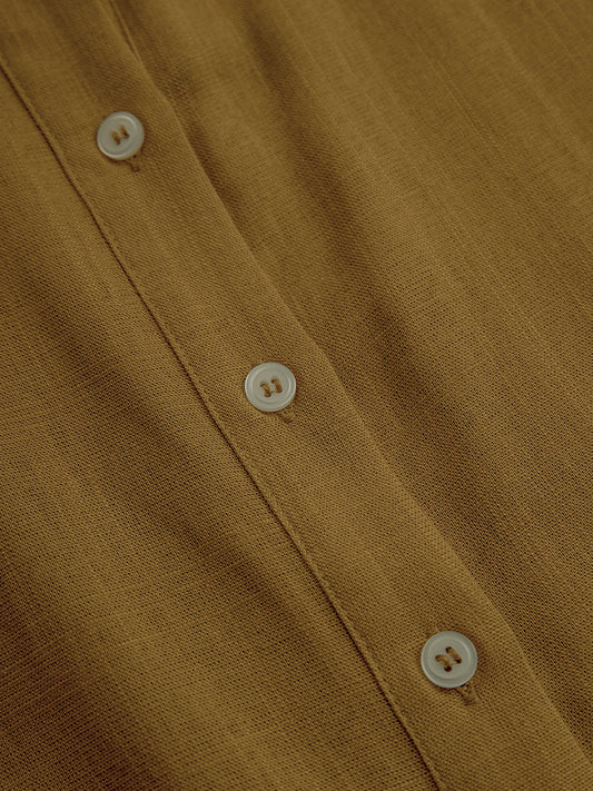 Women's Mustard Elegant Linen Blended Button - Front Belted Midi Shirt Dress MDA1800I6I