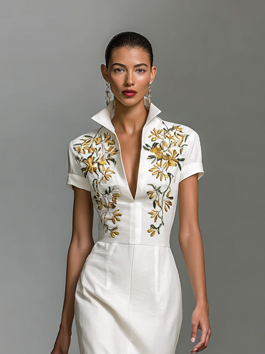 Women's Embroidered V-Neck Short Sleeve Waist Midi Dress MDA0535G0Y