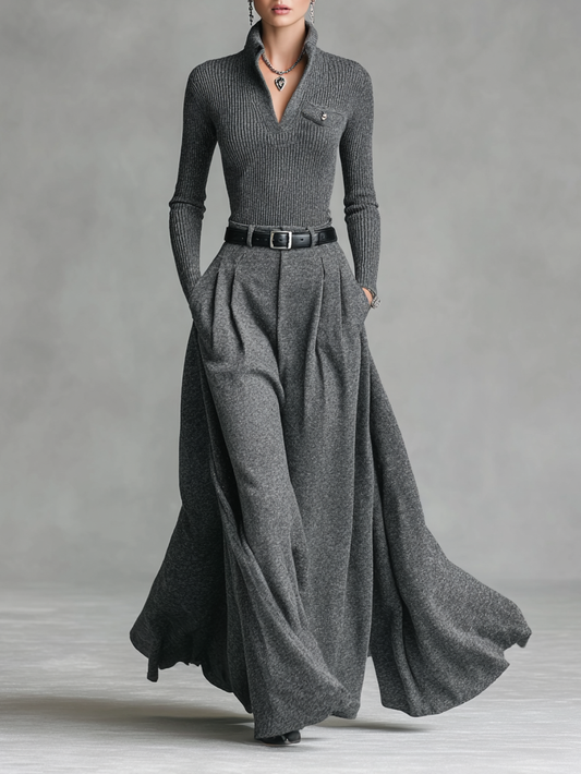 Women's Fashion Tight Knit Top Woolen Skirt Set（Without Belt)MDA0710H9Y