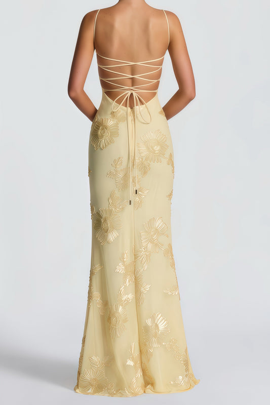 Théoline Yellow Floral Jacquard Corset Maxi Dress