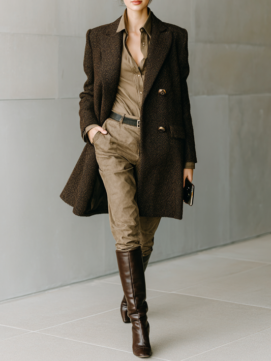 Women's Minimalist Herringbone Wool Blend Double-breasted Mid-length Coat MDA1887I7Y